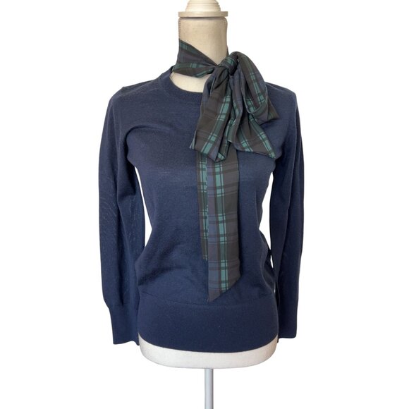 New With Tags J. Crew Merino Wool Navy Blue Mockneck Sweater Tartan Scarf Tie Wo - Picture 1 of 8